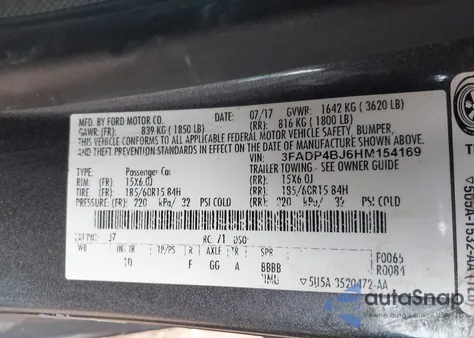 2017 Ford Fiesta Se z USA, uszkodzony, nr VIN 3FADP4BJ6HM154169